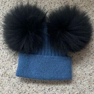 Cozy Blue and Black raccoon Pom-Pom Kids Beanie
